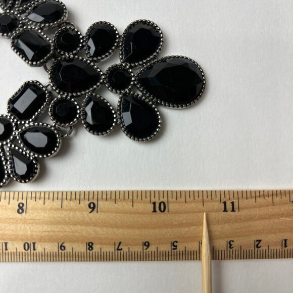 Black Statement Necklace and Earring Set Silver Tone Bold Teardrop Faceted Bold - Picture 10 of 13